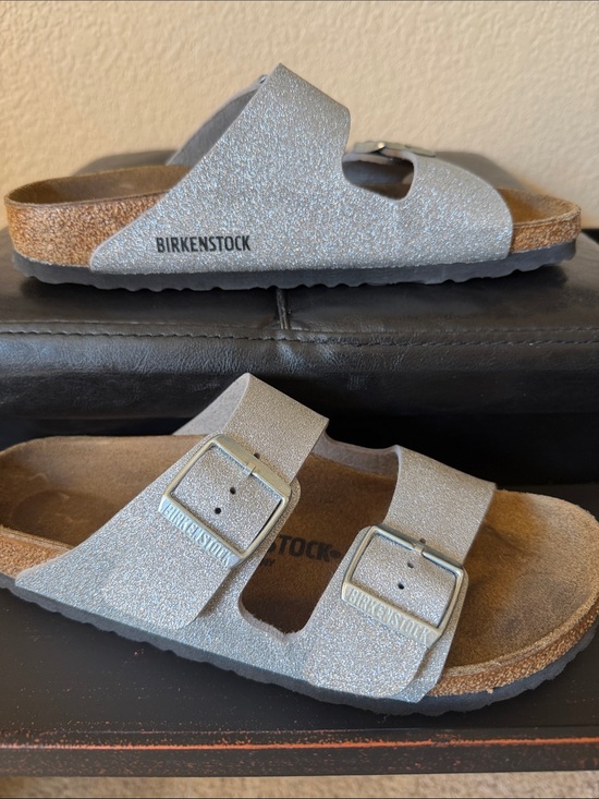 Birkenstock Shoes - Birkenstock Silver Glitter Arizona Sandals with Dual Buckles Euro size 40